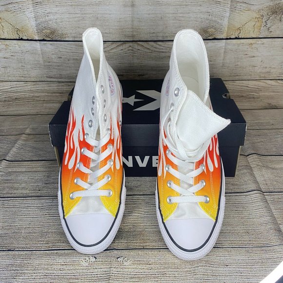 Converse Chuck Taylor All Star Hi Flames Size 10 White Red Yellow Shoes 166257F